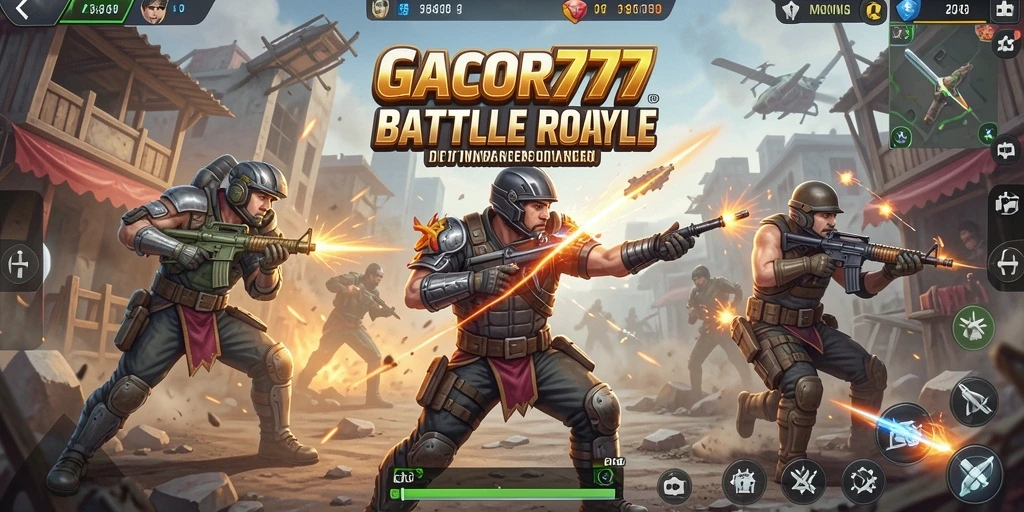Screenshot utama GACOR777 menampilkan aksi pertarungan Battle Royale yang mendebarkan.