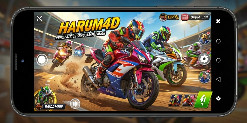 Tampilan gameplay mendebarkan di HARUM4D dengan balapan motor yang seru.