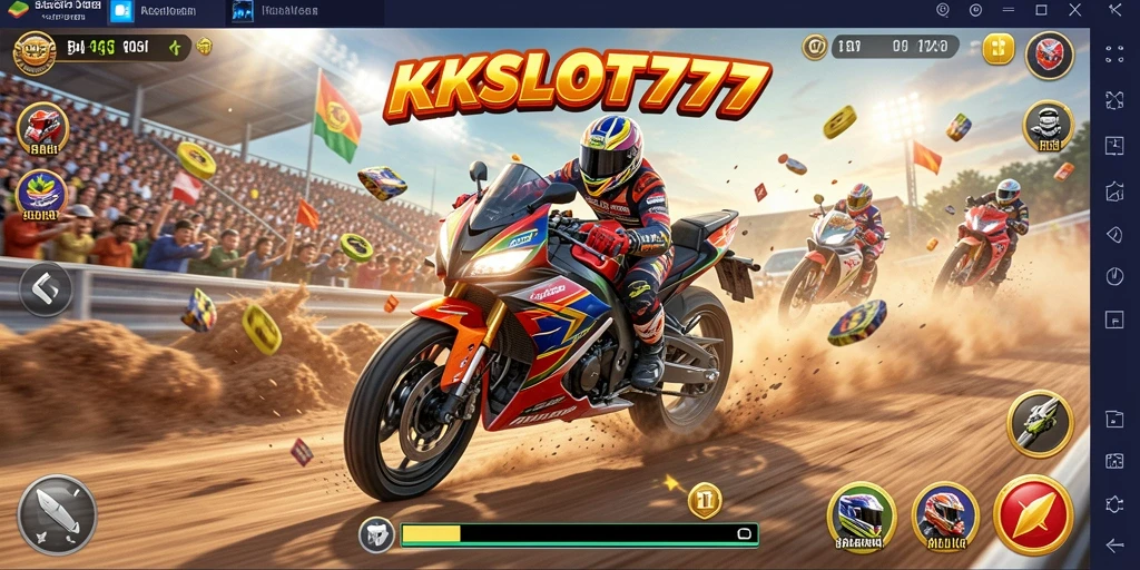 Screenshot utama KKSLOT777 menampilkan serunya balapan motor di trek yang penuh tantangan.