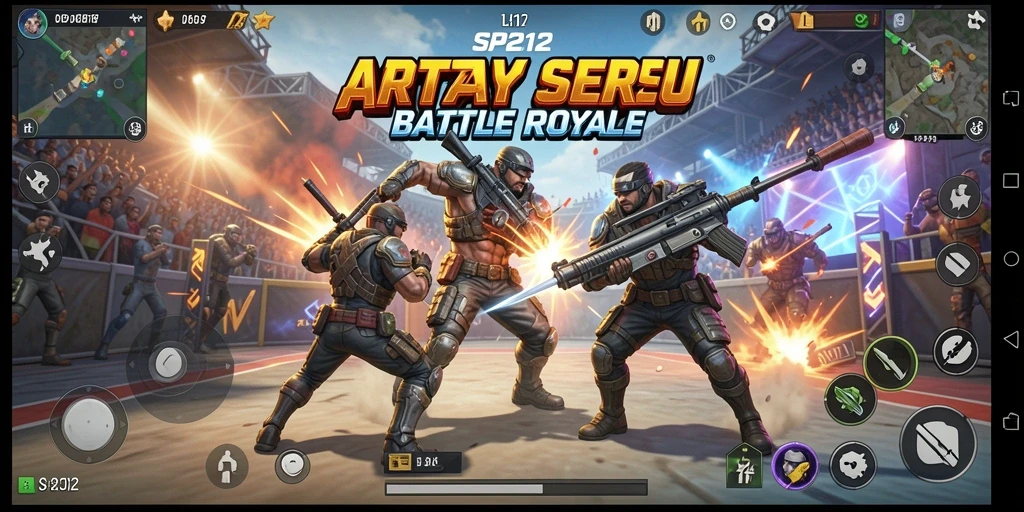 Screenshot SP212 menunjukkan aksi intens dalam permainan Battle Royale.