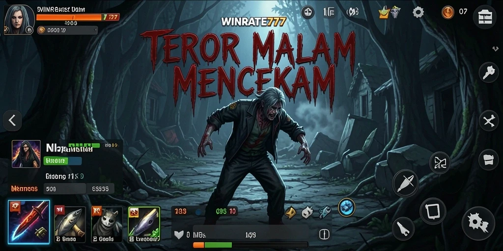 Screenshots gameplay WINRATE777 menampilkan momen menegangkan dalam suasana horor.